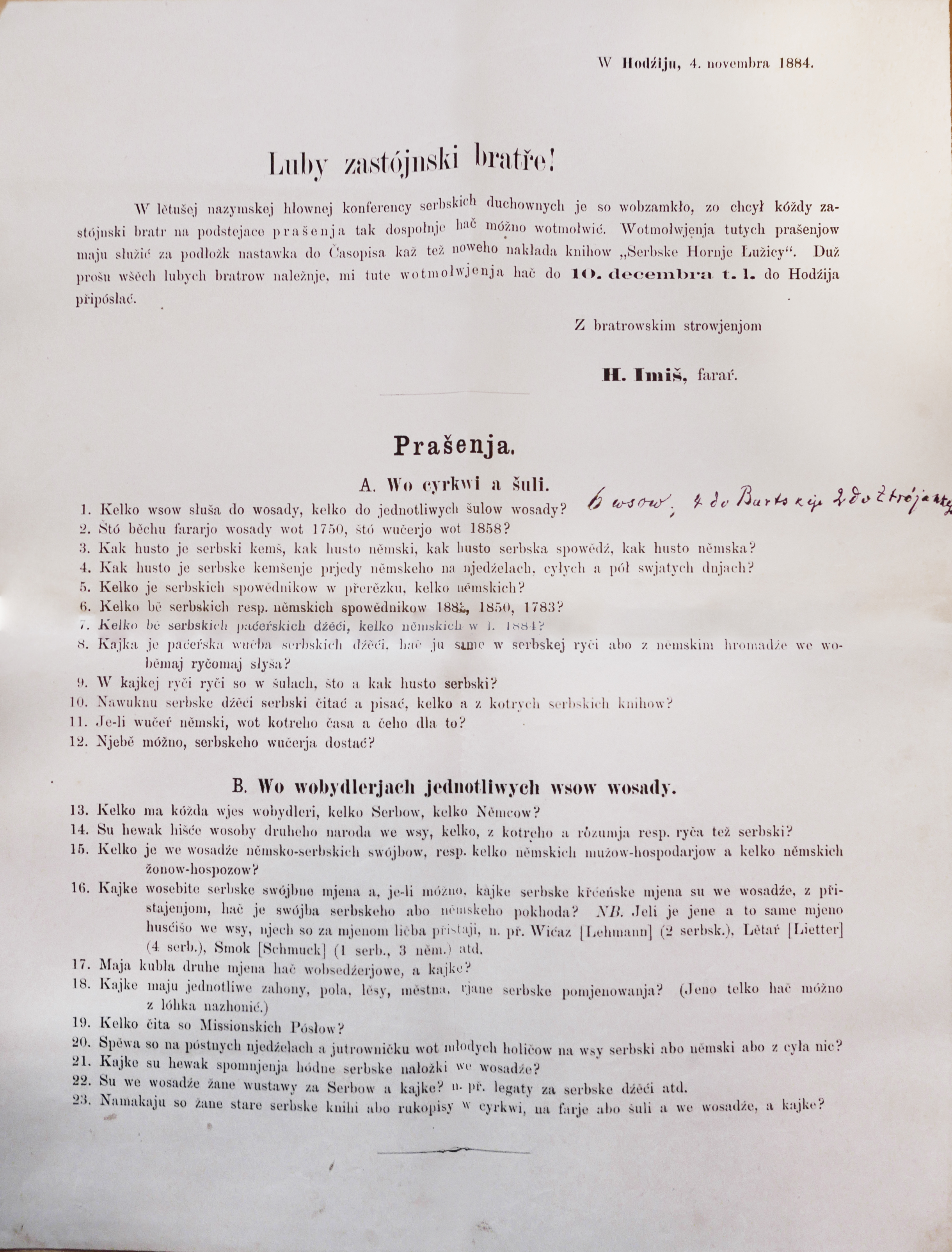 Brief Jaroměr Hendrich Imišs vom 4. November 1884 an die evangelischen Pfarrer der sächsischen Oberlausitz mit Fragebogen zu Mukas Statistik. Foto: Lubina Mahling, mit freundlicher Genehmigung der Kirchgemeinde Baruth